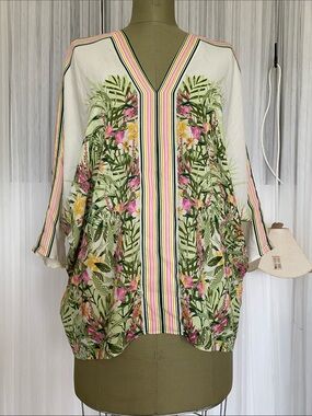Rose & Olive Cream Blouse with Pink, Green & Yellow Accents Size L